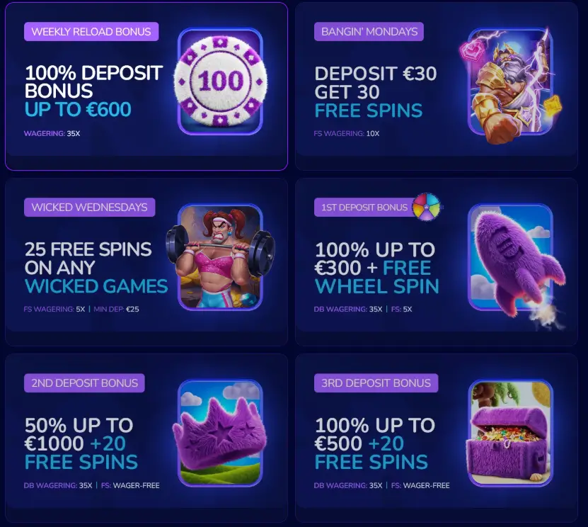 WeezyBet bonus page with deposit bonuses, free spins, and weekly promotions