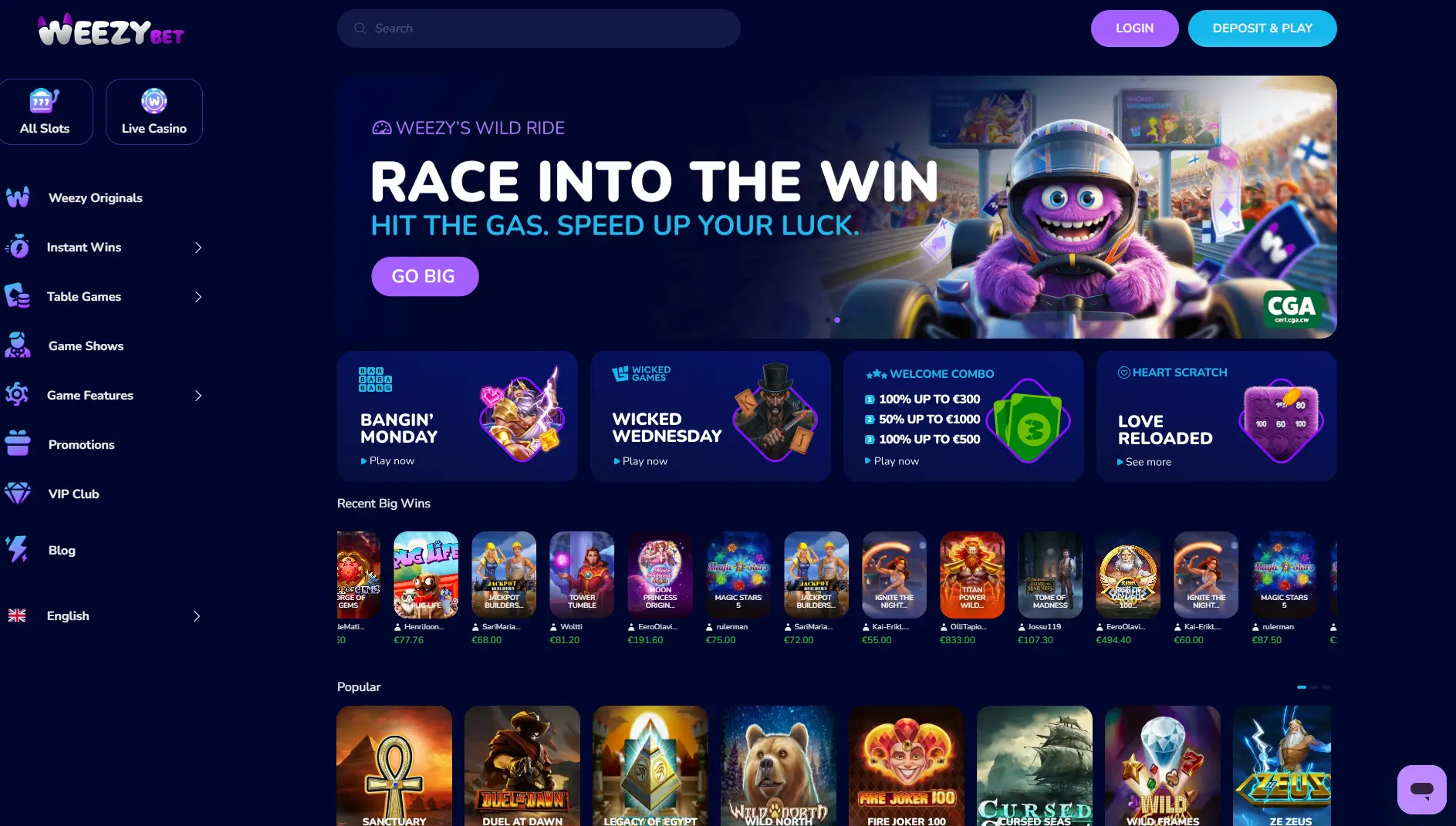 WeezyBet casino lobby with slots, promotions, and the latest big wins